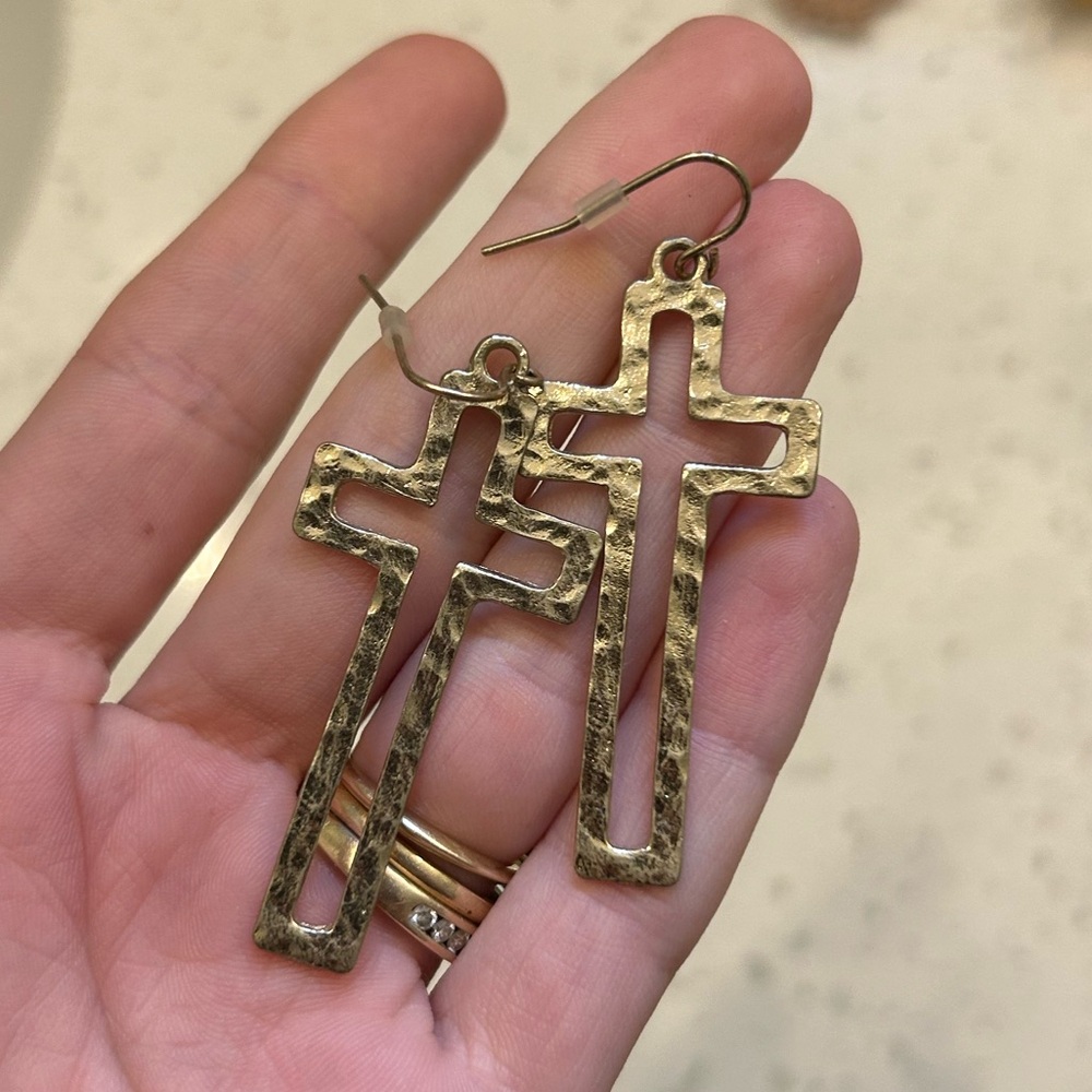 Hammered Gold Cross Earrings - Picture 3 of 3